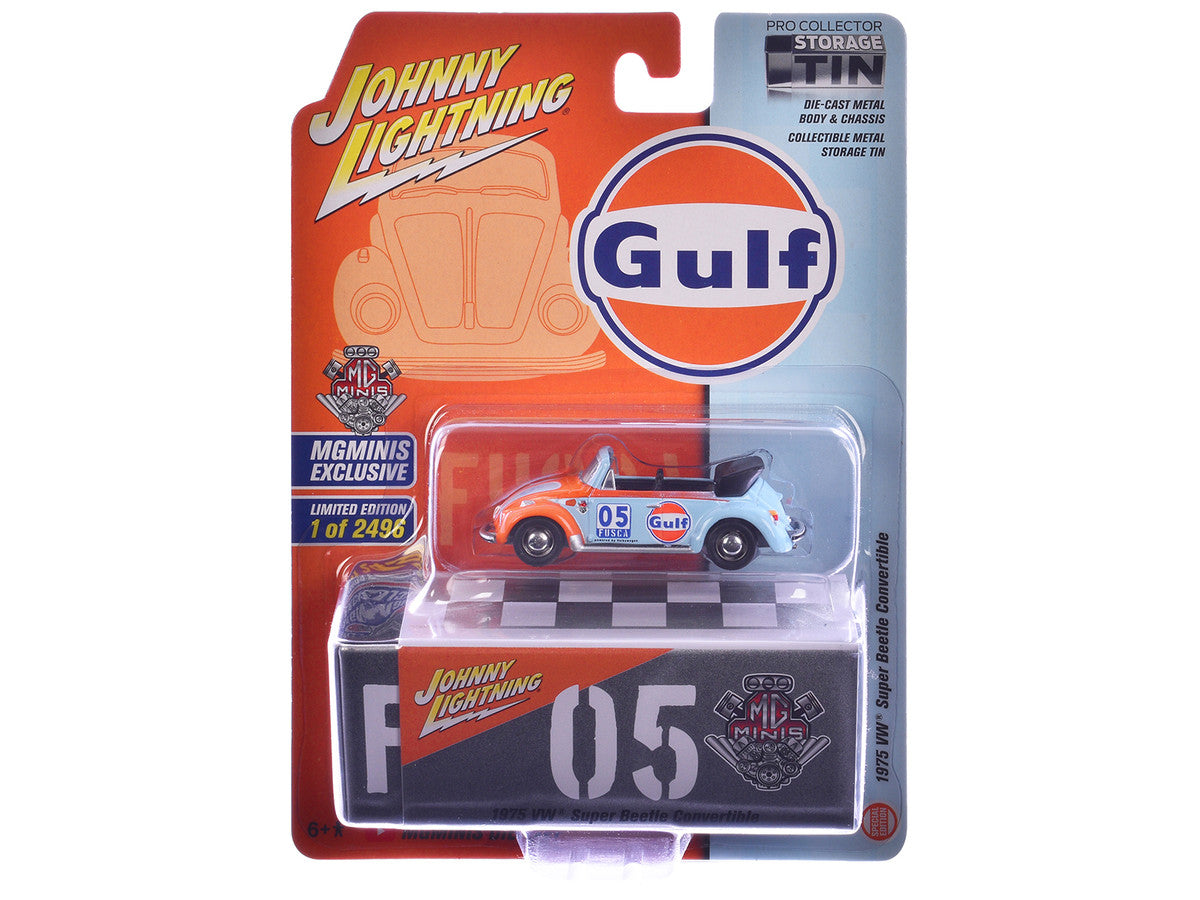 1975 Volkswagen Super Beetle Convertible #05 "Gulf Oil" Light Blue and Orange "MGMinis Exclusive" Series Limited Edition to 2496 pieces Worldwide 1/64 Diecast Model Car by Johnny Lightning LuxuryLifeWay Online Store