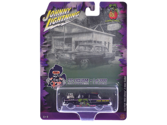 1955 Chevrolet 2-Door Sedan "Rat Fink Racing" Black with Graphics "CTC Exclusive" Series Limited Edition to 3000 pieces Worldwide 1/64 Diecast Model Car by Johnny Lightning LuxuryLifeWay Online Store