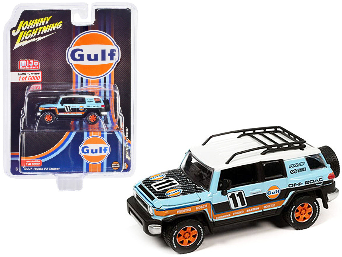 2007 Toyota FJ Cruiser #11 Light Blue "Gulf Oil" with Roofrack Limited Edition to 6000 pieces Worldwide 1/64 Diecast Model Car by Johnny Lightning LuxuryLifeWay Online Store