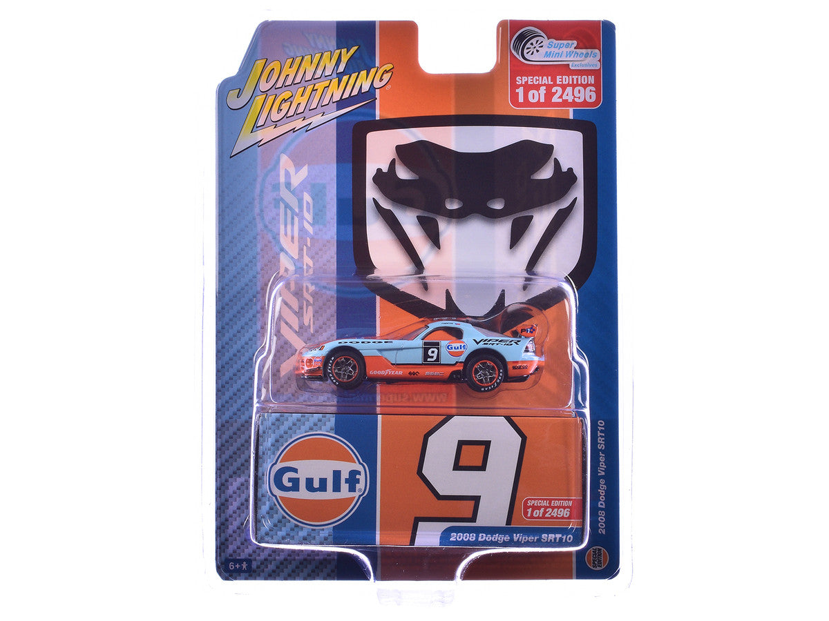 2008 Dodge Viper SRT10 #9 "Gulf Oil" Light Blue and Orange Limited Edition to 2496 pieces Worldwide 1/64 Diecast Model Car by Johnny Lightning LuxuryLifeWay Online Store