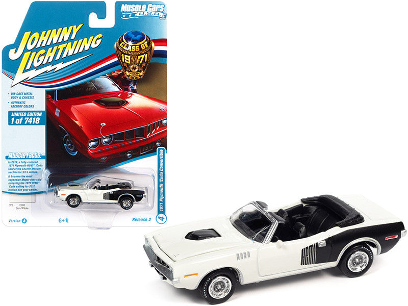 1971 Plymouth Barracuda Convertible Sno White with Black Hemi Side Billboards "Class of 1971" Limited Edition to 7418 pieces Worldwide "Muscle Cars USA" Series 1/64 Diecast Model Car by Johnny Lightning LuxuryLifeWay Online Store