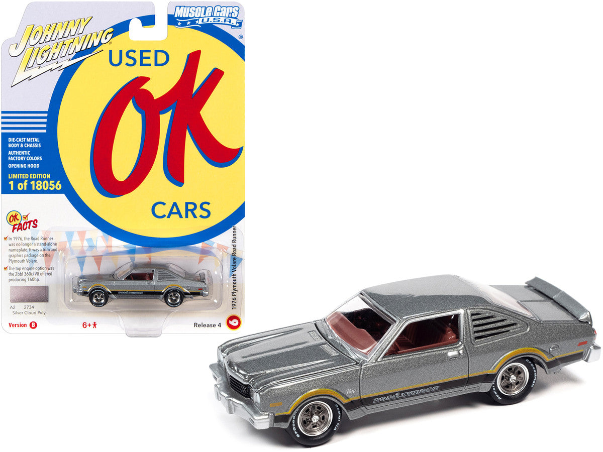 1976 Plymouth Volare Road Runner Silver Cloud Metallic with Stripes "OK Used Cars" Series Limited Edition to 18056 pieces Worldwide 1/64 Diecast Model Car by Johnny Lightning LuxuryLifeWay Online Store