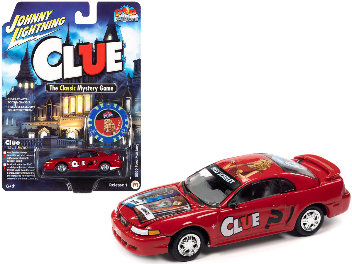 2000 Ford Mustang "Miss Scarlet" Red with Graphics with Poker Chip (Collector Token) "Modern Clue" "Pop Culture" 2022 Release 1 1/64 Diecast Model Car by Johnny Lightning LuxuryLifeWay Online Store
