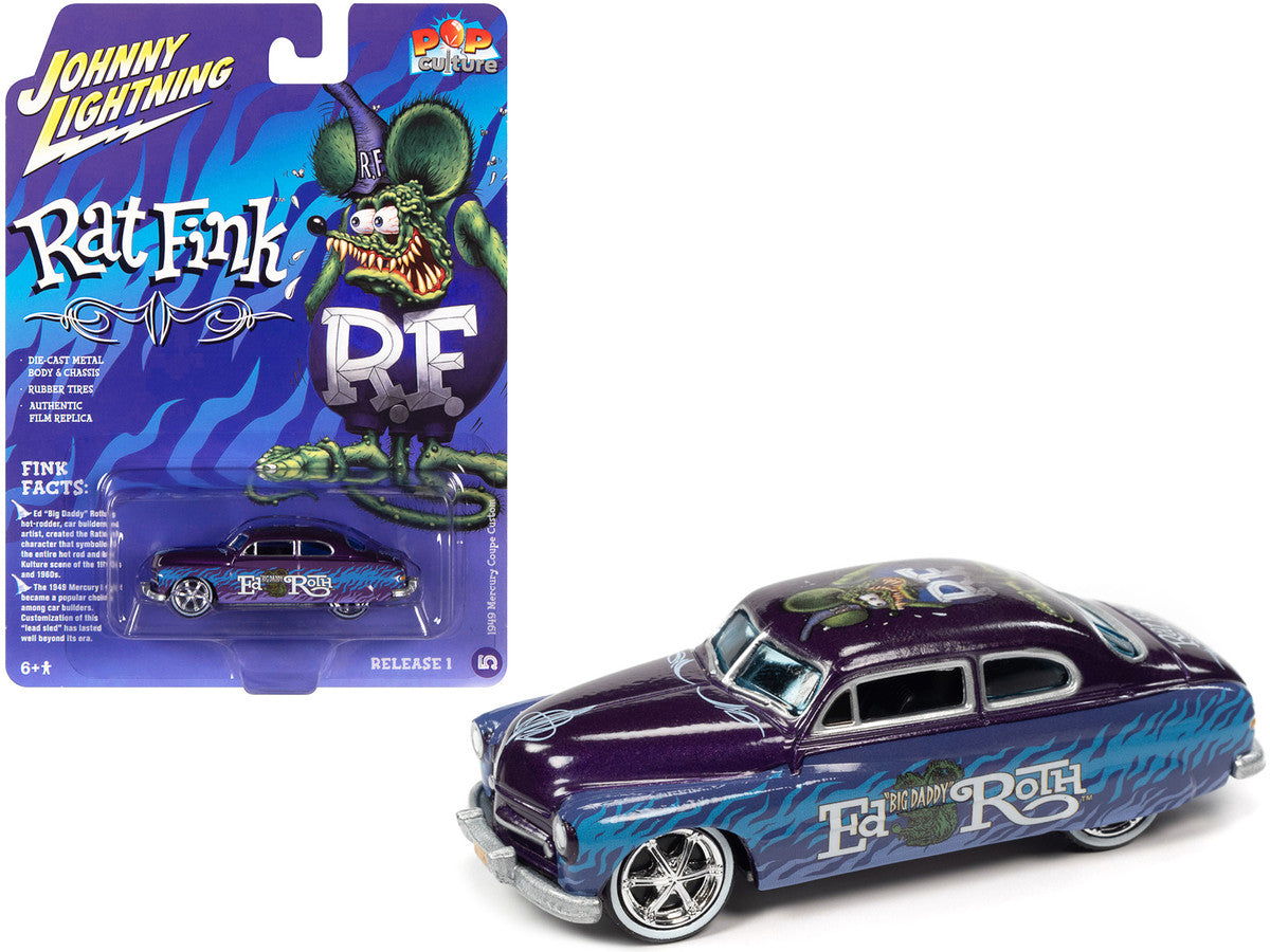 1949 Mercury Coupe Custom Purple Metallic with Graphics "Rat Fink" "Pop Culture" 2022 Release 1 1/64 Diecast Model Car by Johnny Lightning LuxuryLifeWay Online Store
