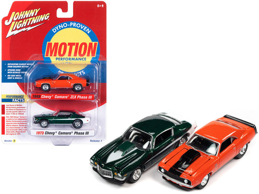 1969 Chevrolet Camaro ZLX Phase III Hugger Orange with Black Stripes and 1973 Chevrolet Camaro Phase III Dark Green Metallic and White "Baldwin Motion" Set of 2 Cars 1/64 Diecast Model Cars by Johnny Lightning LuxuryLifeWay Online Store