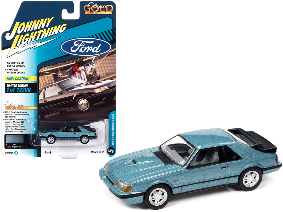 1986 Ford Mustang SVO Light Regatta Blue Metallic with Black Stripes "Classic Gold Collection" Series Limited Edition to 12768 pieces Worldwide 1/64 Diecast Model Car by Johnny Lightning LuxuryLifeWay Online Store
