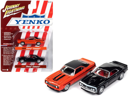 1969 Chevrolet Camaro Hugger Orange with Black Top and Stripes and 1967 Chevrolet Camaro Black with White Stripe and Red Interior "Yenko" Series Set of 2 Cars 1/64 Diecast Model Cars by Johnny Lightning LuxuryLifeWay Online Store