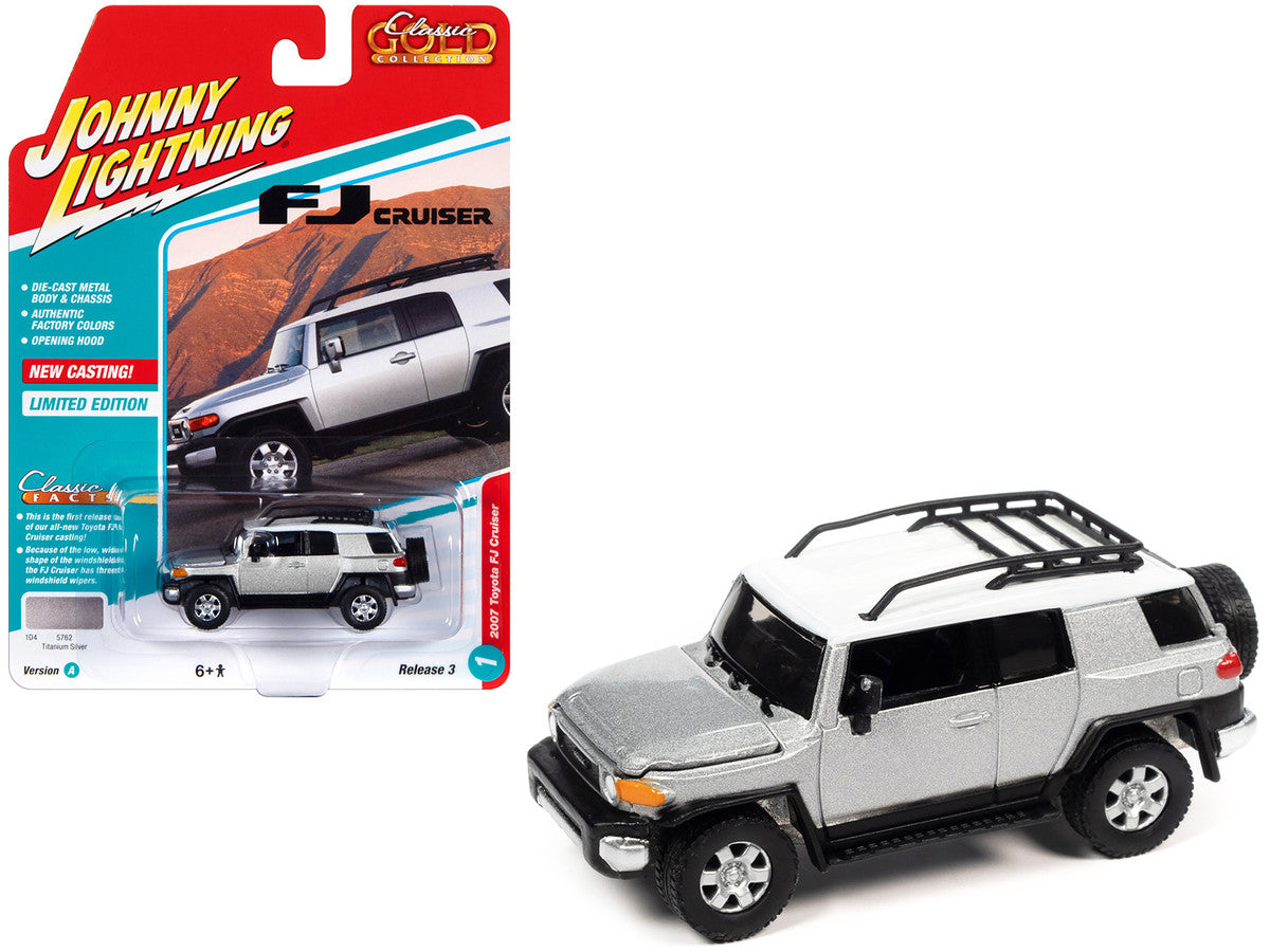 2007 Toyota FJ Cruiser Titanium Silver Metallic with White Top and Roofrack "Classic Gold Collection" Series Limited Edition 1/64 Diecast Model Car by Johnny Lightning LuxuryLifeWay Online Store