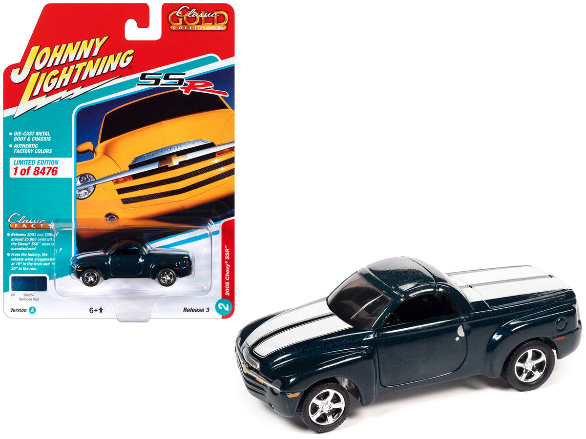 2005 Chevrolet SSR Pickup Truck Bermuda Blue Metallic with White Stripes "Classic Gold Collection" Series Limited Edition to 8476 pieces Worldwide 1/64 Diecast Model Car by Johnny Lightning LuxuryLifeWay Online Store