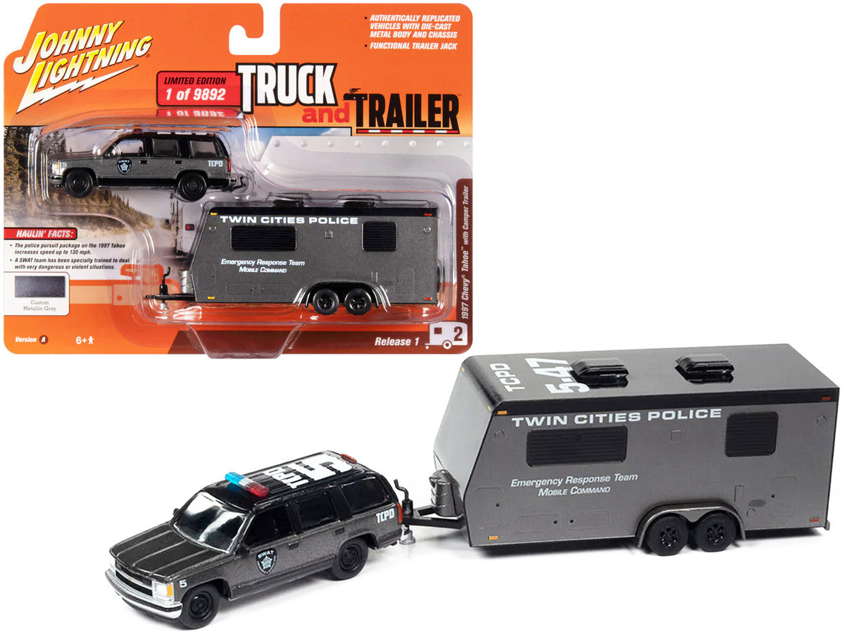 1997 Chevrolet Tahoe "SWAT" Custom Gray Metallic and Black with "Twin Cities Police" Camper Trailer Limited Edition to 9892 pieces Worldwide "Truck and Trailer" Series 1/64 Diecast Model Car by Johnny Lightning LuxuryLifeWay Online Store
