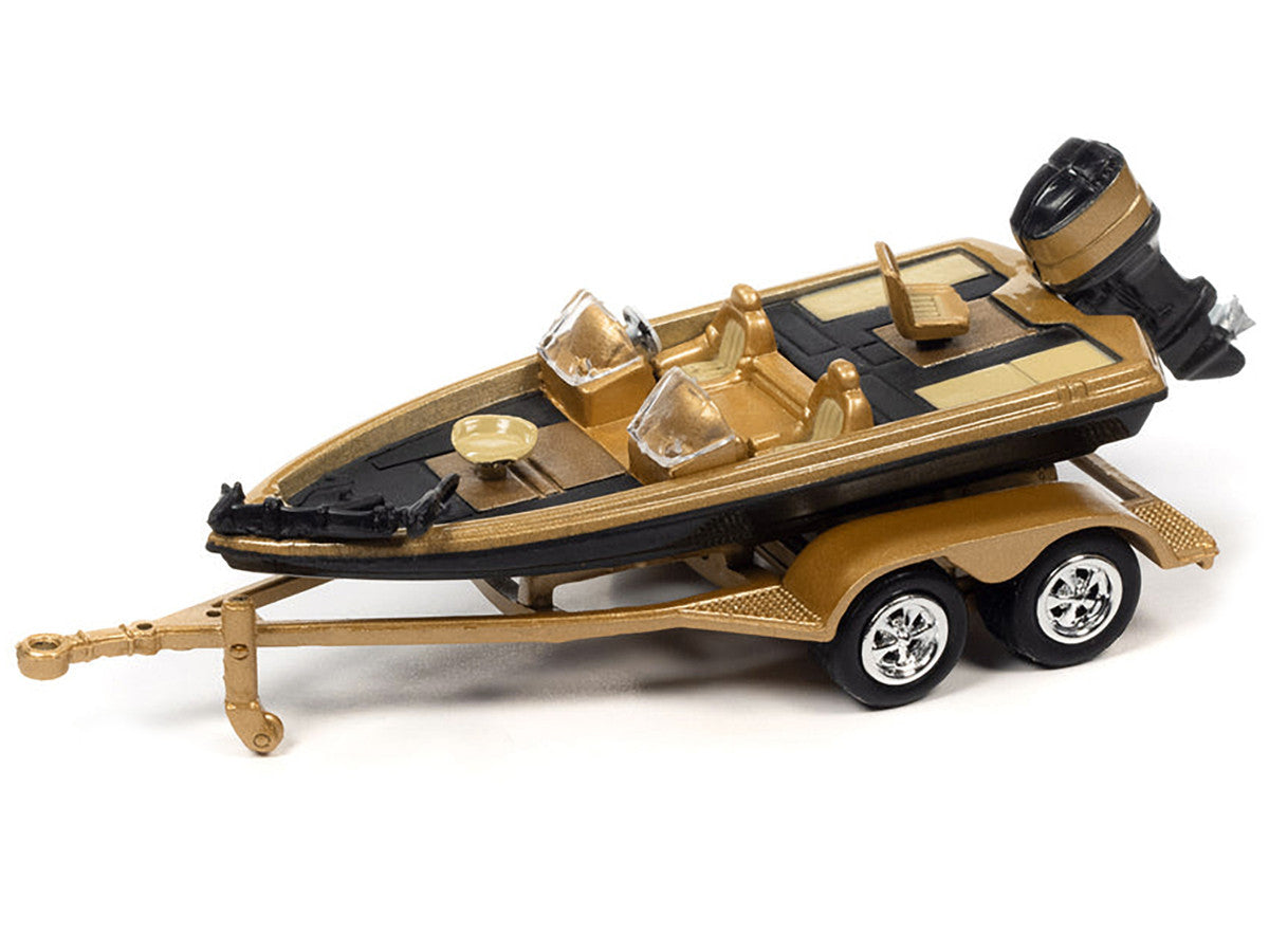 1980 Chevrolet Monte Carlo Light Camel Gold Metallic with Bass Boat and Trailer Limited Edition to 7264 pieces Worldwide "Tow & Go" Series 1/64 Diecast Model Car by Johnny Lightning LuxuryLifeWay Online Store