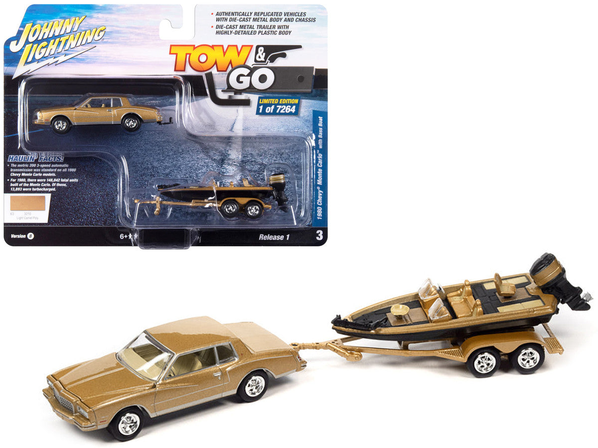 1980 Chevrolet Monte Carlo Light Camel Gold Metallic with Bass Boat and Trailer Limited Edition to 7264 pieces Worldwide "Tow & Go" Series 1/64 Diecast Model Car by Johnny Lightning LuxuryLifeWay Online Store