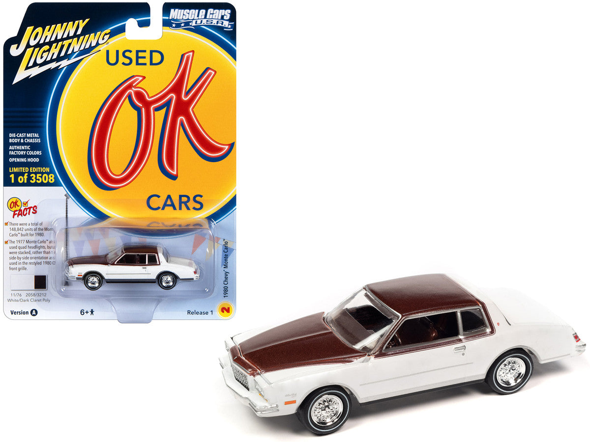 1980 Chevrolet Monte Carlo White and Dark Claret Brown Metallic Top and Hood Limited Edition to 3508 pieces Worldwide "OK Used Cars" 2023 Series 1/64 Diecast Model Car by Johnny Lightning LuxuryLifeWay Online Store