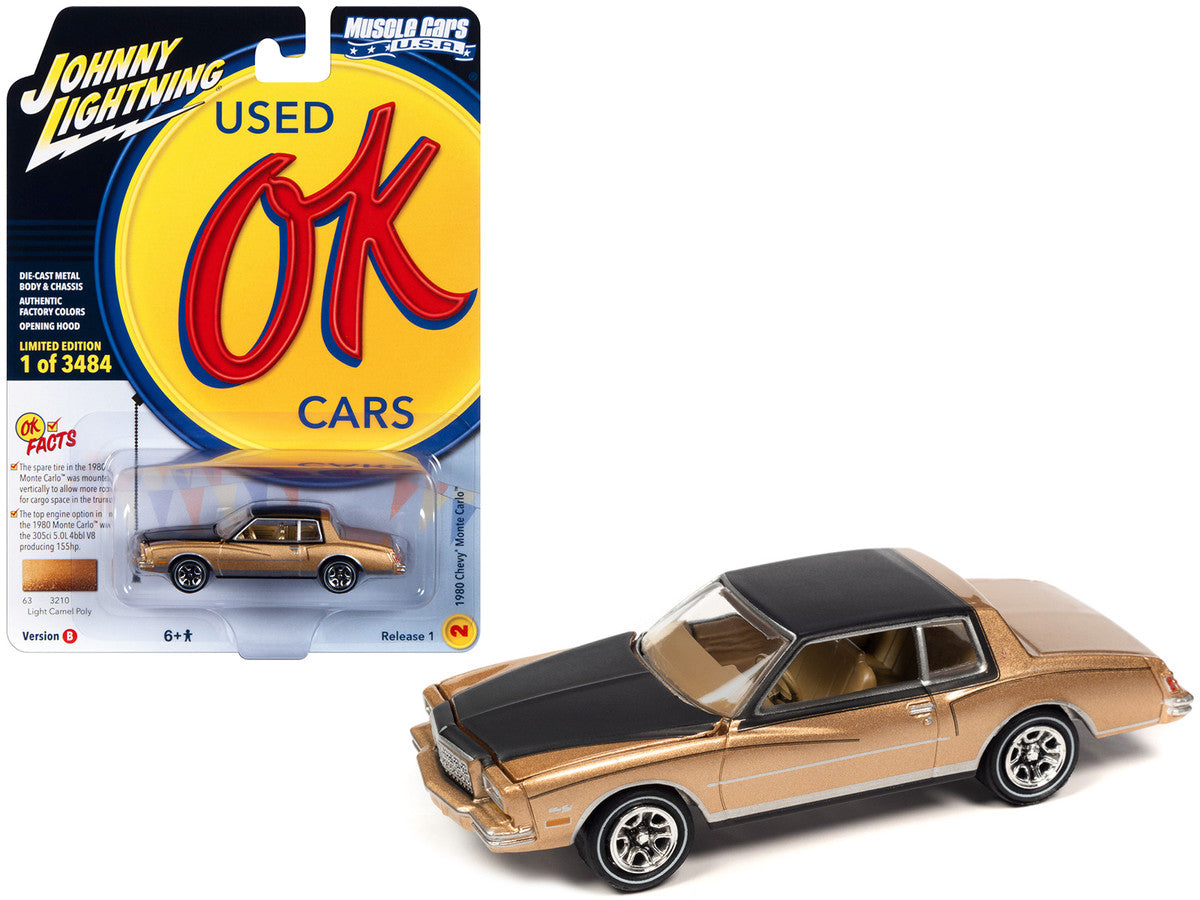1980 Chevrolet Monte Carlo Light Camel Gold Metallic with Black Top and Hood Limited Edition to 3484 pieces Worldwide "OK Used Cars" 2023 Series 1/64 Diecast Model Car by Johnny Lightning LuxuryLifeWay Online Store