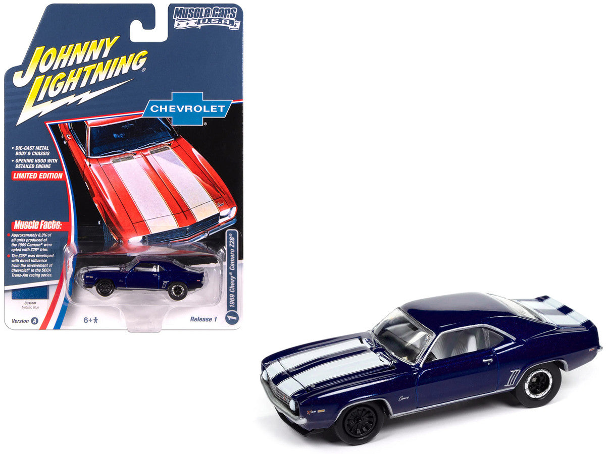 1969 Chevrolet Camaro Z28 Blue Metallic with White Stripes and Interior "Muscle Cars USA" Series 1/64 Diecast Model Car by Johnny Lightning LuxuryLifeWay Online Store