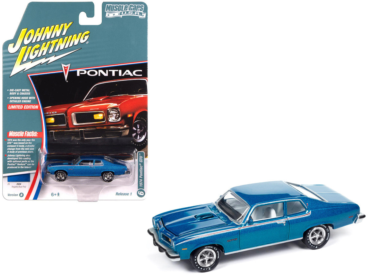 1974 Pontiac GTO Regatta Blue Metallic with White Interior "Muscle Cars USA" Series 1/64 Diecast Model Car by Johnny Lightning LuxuryLifeWay Online Store