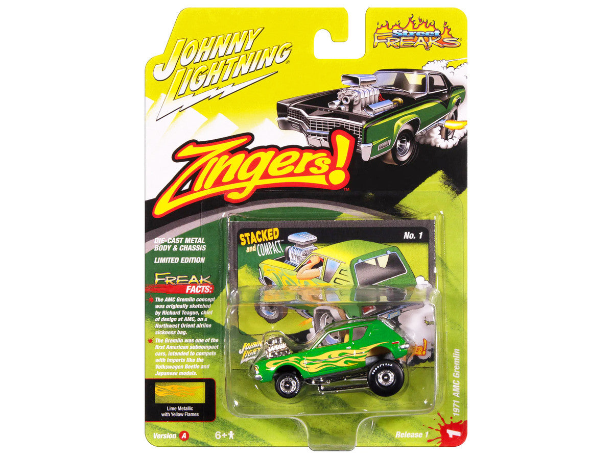 1971 AMC Gremlin Lime Green Metallic with Yellow Flames and Interior "Zingers!" Series 1/64 Diecast Model Car by Johnny Lightning LuxuryLifeWay Online Store
