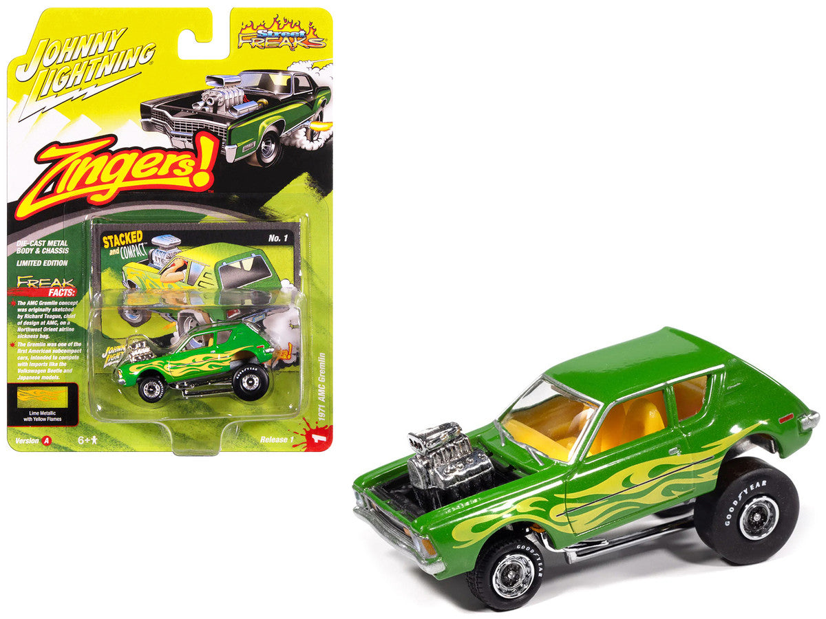 1971 AMC Gremlin Lime Green Metallic with Yellow Flames and Interior "Zingers!" Series 1/64 Diecast Model Car by Johnny Lightning LuxuryLifeWay Online Store