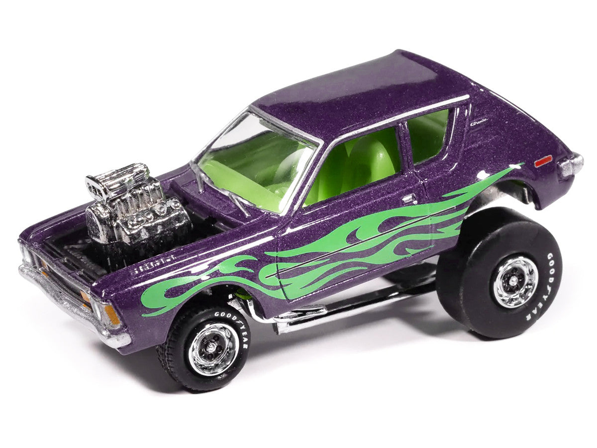 1971 AMC Gremlin Passion Purple Metallic with Green Flames and Interior "Zingers!" Series 1/64 Diecast Model Car by Johnny Lightning LuxuryLifeWay Online Store