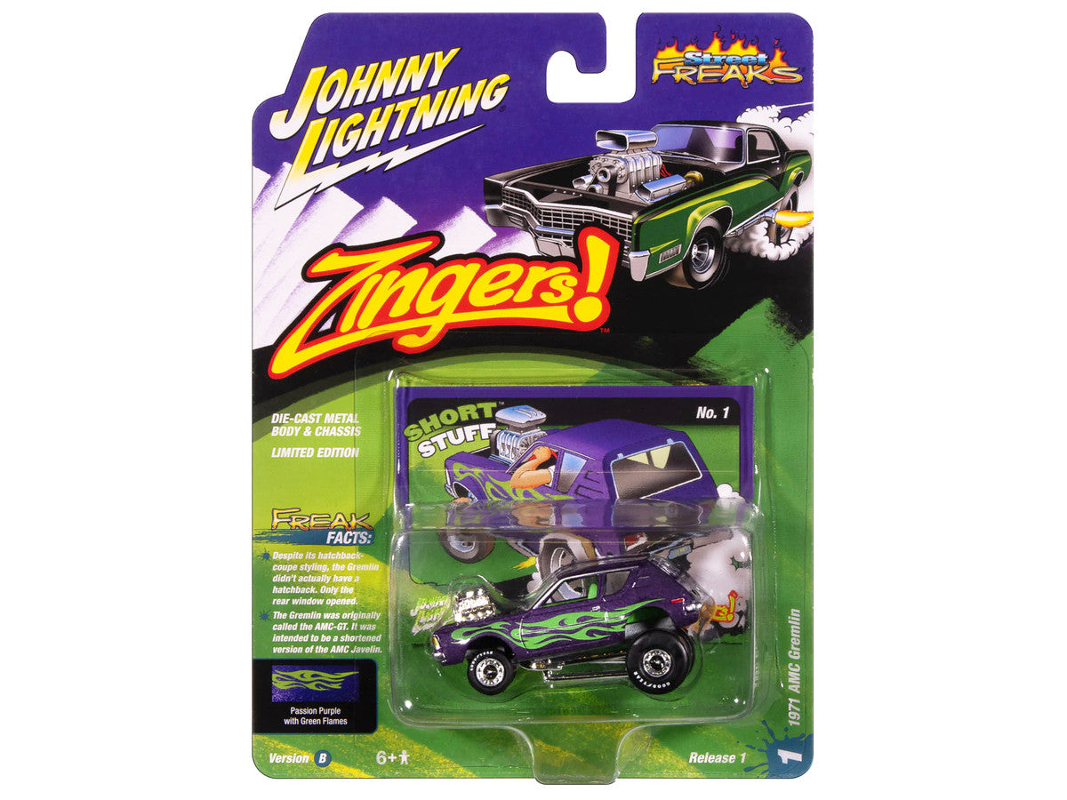 1971 AMC Gremlin Passion Purple Metallic with Green Flames and Interior "Zingers!" Series 1/64 Diecast Model Car by Johnny Lightning LuxuryLifeWay Online Store