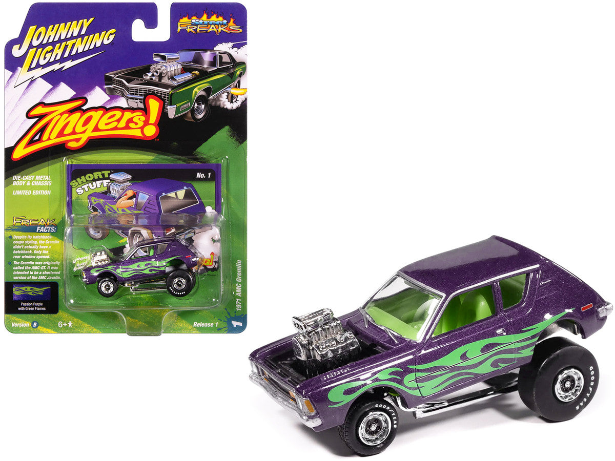 1971 AMC Gremlin Passion Purple Metallic with Green Flames and Interior "Zingers!" Series 1/64 Diecast Model Car by Johnny Lightning LuxuryLifeWay Online Store