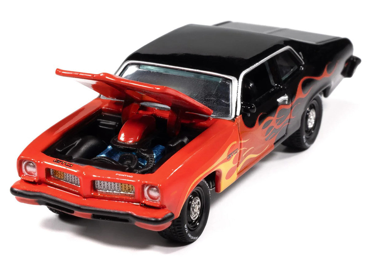 1974 Pontiac GTO Black and Red with Flame Graphics "Black with Flames" Series 1/64 Diecast Model Car by Johnny Lightning LuxuryLifeWay Online Store