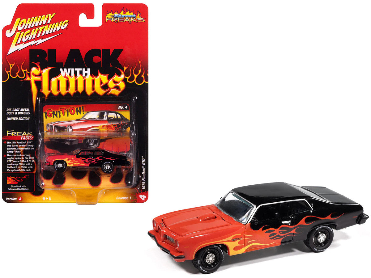 1974 Pontiac GTO Black and Red with Flame Graphics "Black with Flames" Series 1/64 Diecast Model Car by Johnny Lightning LuxuryLifeWay Online Store