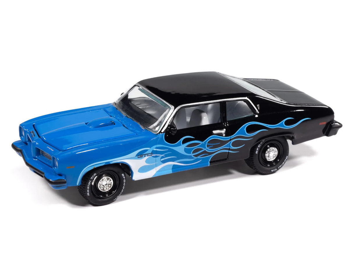 1974 Pontiac GTO Black and Blue with Blue Flame Graphics with White Interior "Black with Flames" Series 1/64 Diecast Model Car by Johnny Lightning LuxuryLifeWay Online Store