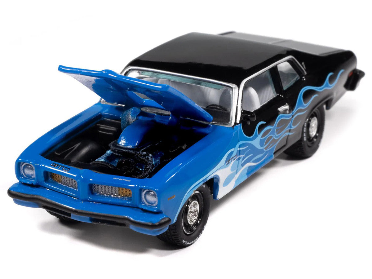 1974 Pontiac GTO Black and Blue with Blue Flame Graphics with White Interior "Black with Flames" Series 1/64 Diecast Model Car by Johnny Lightning LuxuryLifeWay Online Store