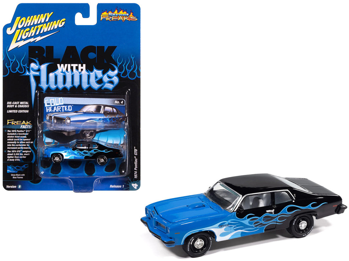 1974 Pontiac GTO Black and Blue with Blue Flame Graphics with White Interior "Black with Flames" Series 1/64 Diecast Model Car by Johnny Lightning LuxuryLifeWay Online Store