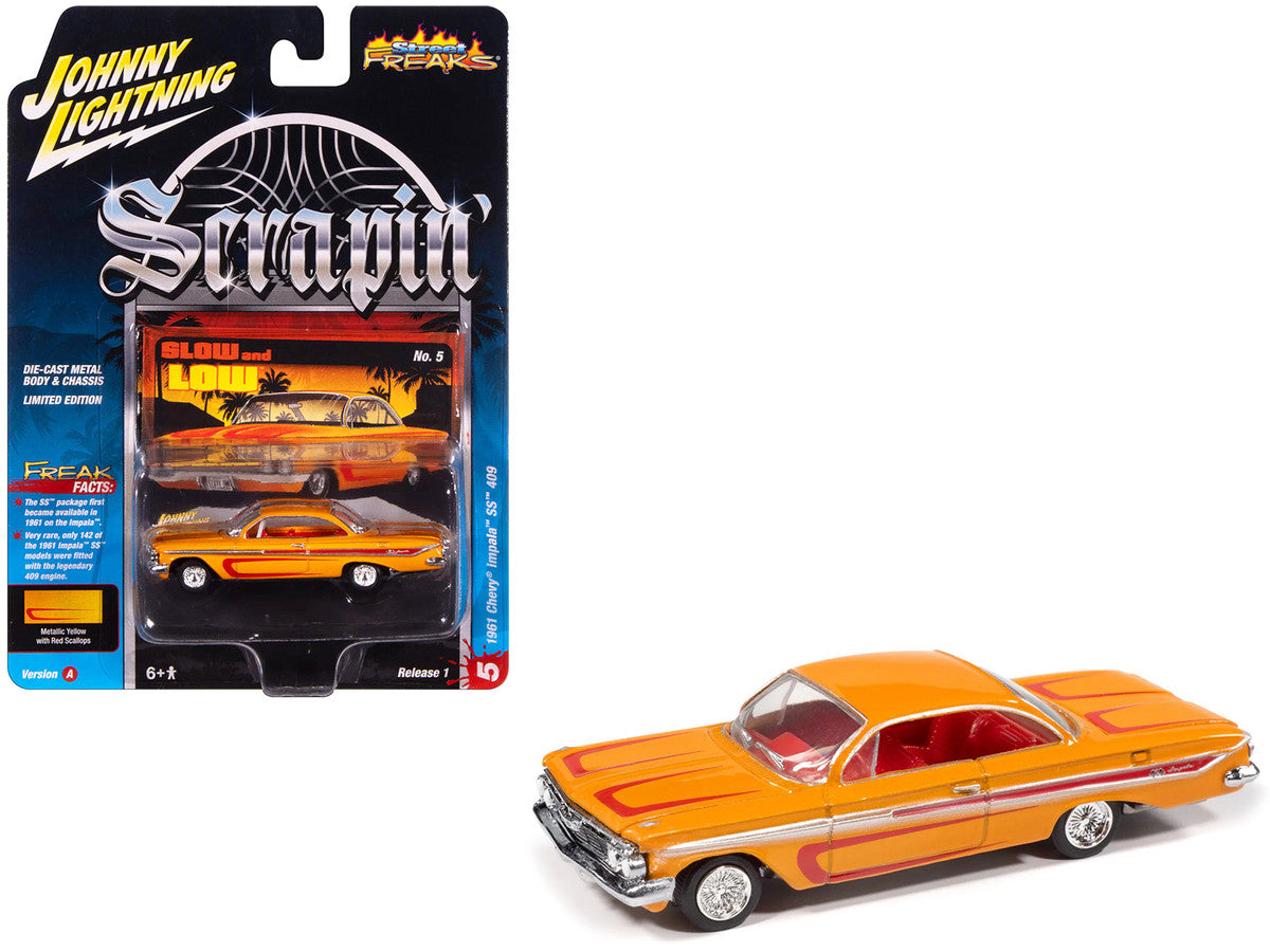 1961 Chevrolet Impala SS 409 Yellow Metallic with Red Stripes and Interior "Scrapin" Series 1/64 Diecast Model Car by Johnny Lightning LuxuryLifeWay Online Store