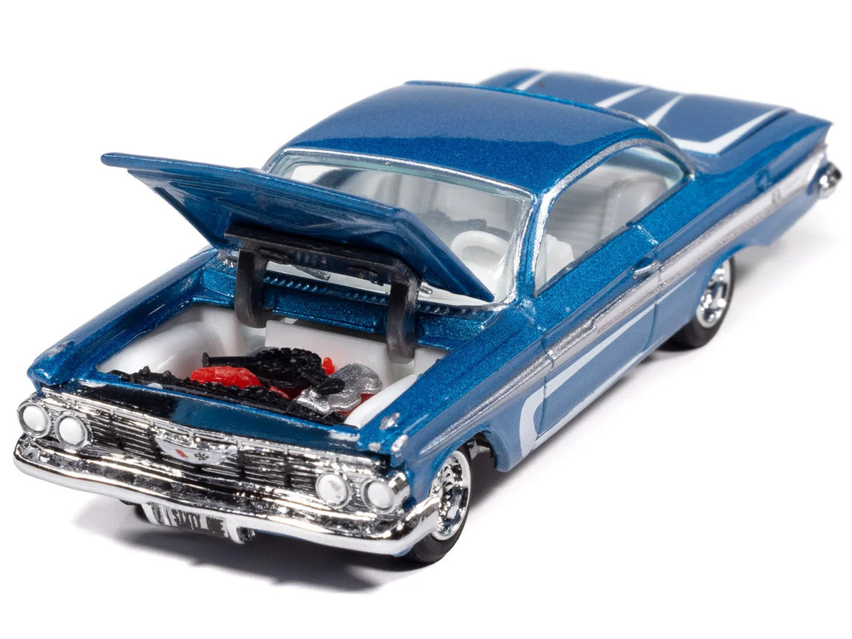 1961 Chevrolet Impala SS 409 Blue Metallic with White Stripes and Interior "Scrapin'" Series 1/64 Diecast Model Car by Johnny Lightning LuxuryLifeWay Online Store
