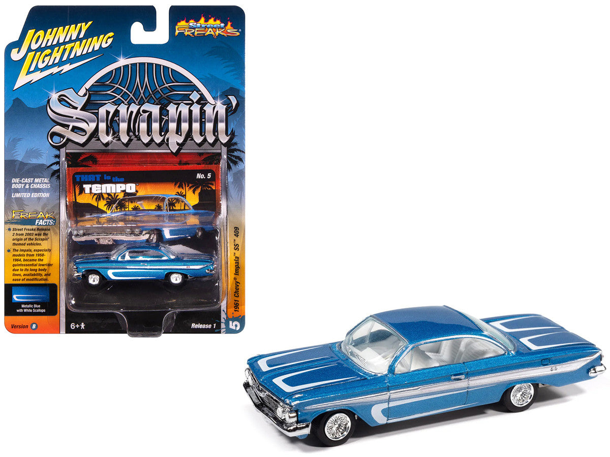 1961 Chevrolet Impala SS 409 Blue Metallic with White Stripes and Interior "Scrapin'" Series 1/64 Diecast Model Car by Johnny Lightning LuxuryLifeWay Online Store