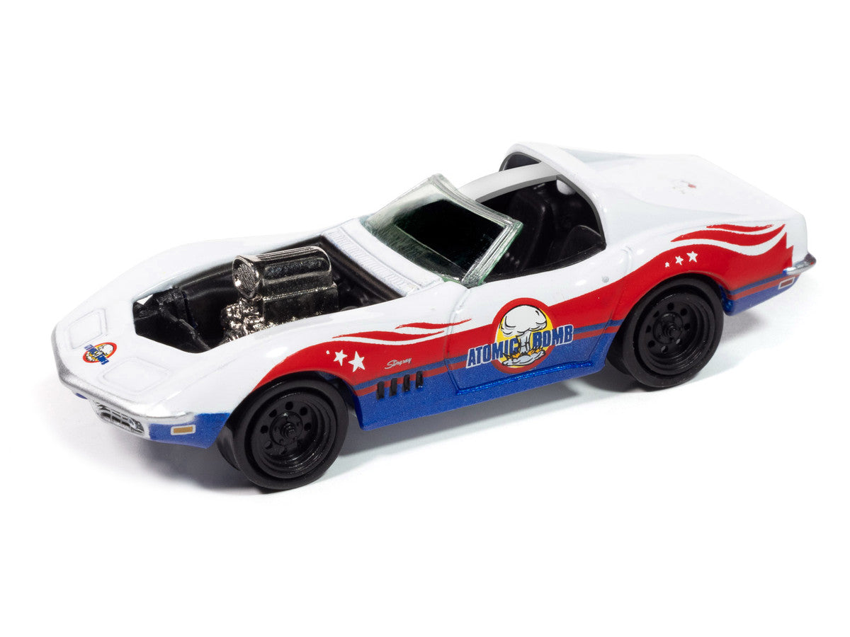1969 Chevrolet Corvette "Atomic Bomb" White with Red and Blue Graphics "Stuntman Mike's Ride Along Racing" "Pop Culture" 2025 Release 1 1/64 Diecast Model Car by Johnny Lightning LuxuryLifeWay Online Store