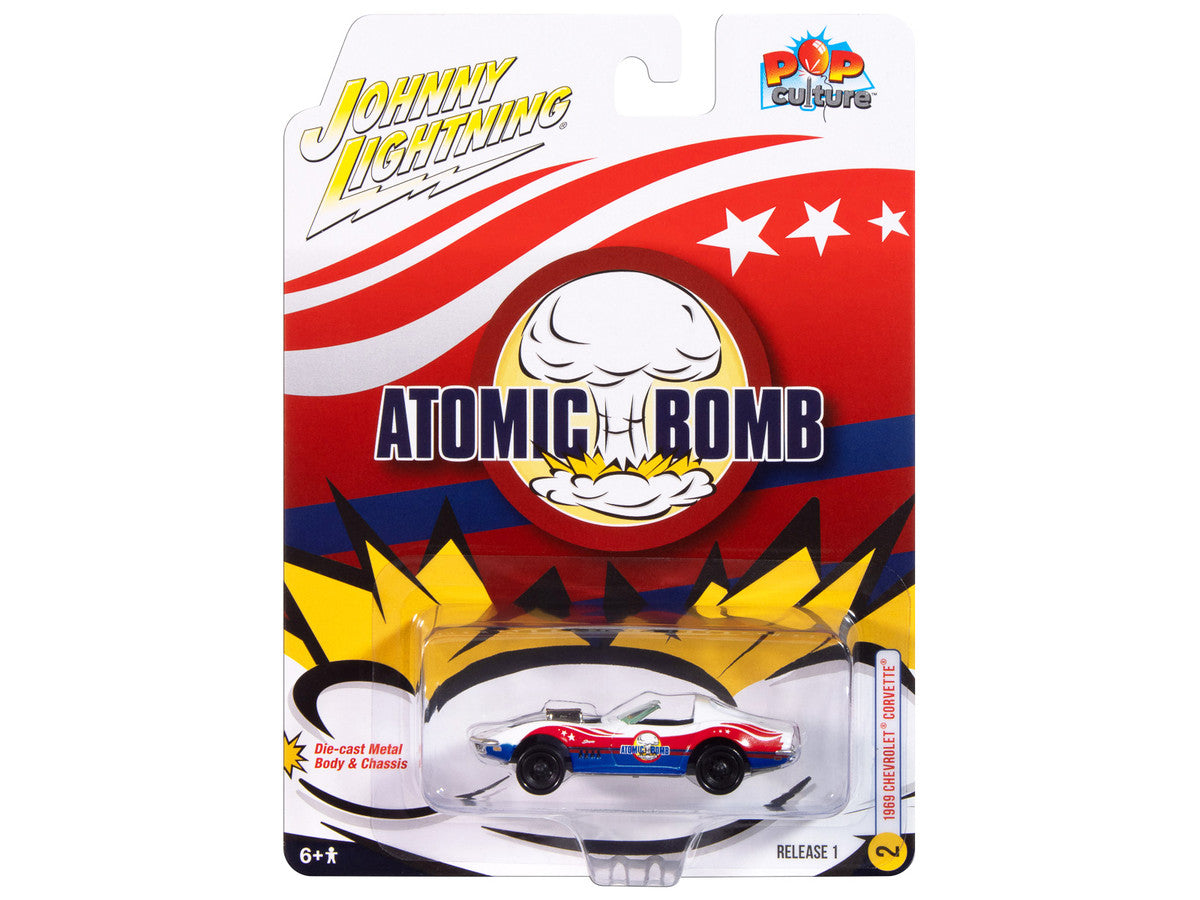 1969 Chevrolet Corvette "Atomic Bomb" White with Red and Blue Graphics "Stuntman Mike's Ride Along Racing" "Pop Culture" 2025 Release 1 1/64 Diecast Model Car by Johnny Lightning LuxuryLifeWay Online Store