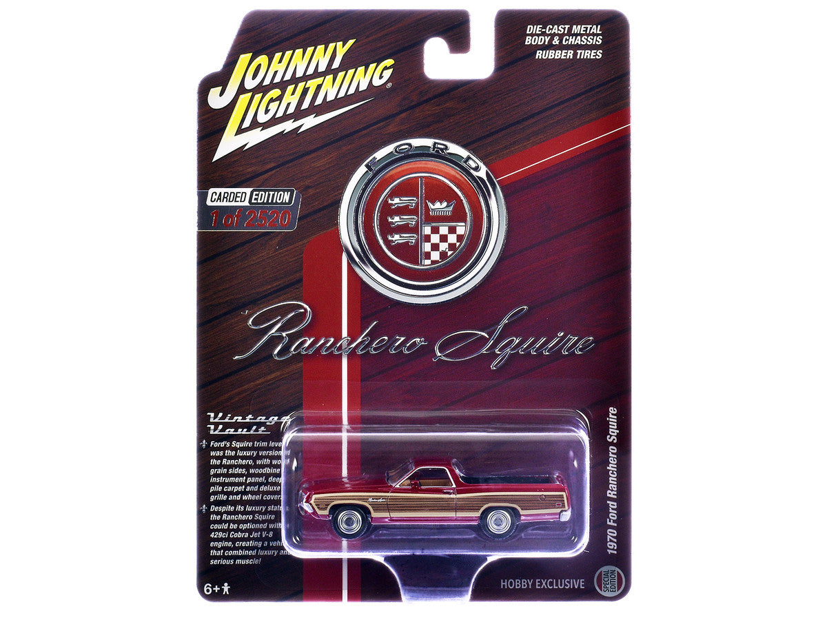 1970 Ford Ranchero Squire Red with Woodgrain Sides "Hobby Exclusive" Series Limited Edition to 2520 pieces Worldwide 1/64 Diecast Model Car by Johnny Lightning LuxuryLifeWay Online Store