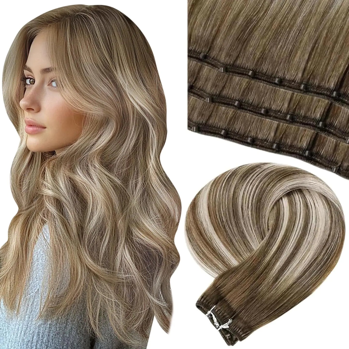 LaaVoo Beaded Weft Hair Extensions Human Hair Balayage Microbead Hair Extensions Ash Brown Ombre Platinum Blonde 18inch Micro Bead Weft Hair Extensions Silky Straight 50g