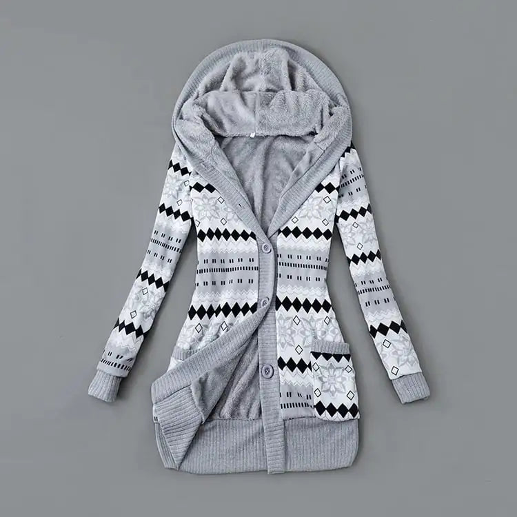 Thick Printed Hooded Knitted Cardigan Jacket