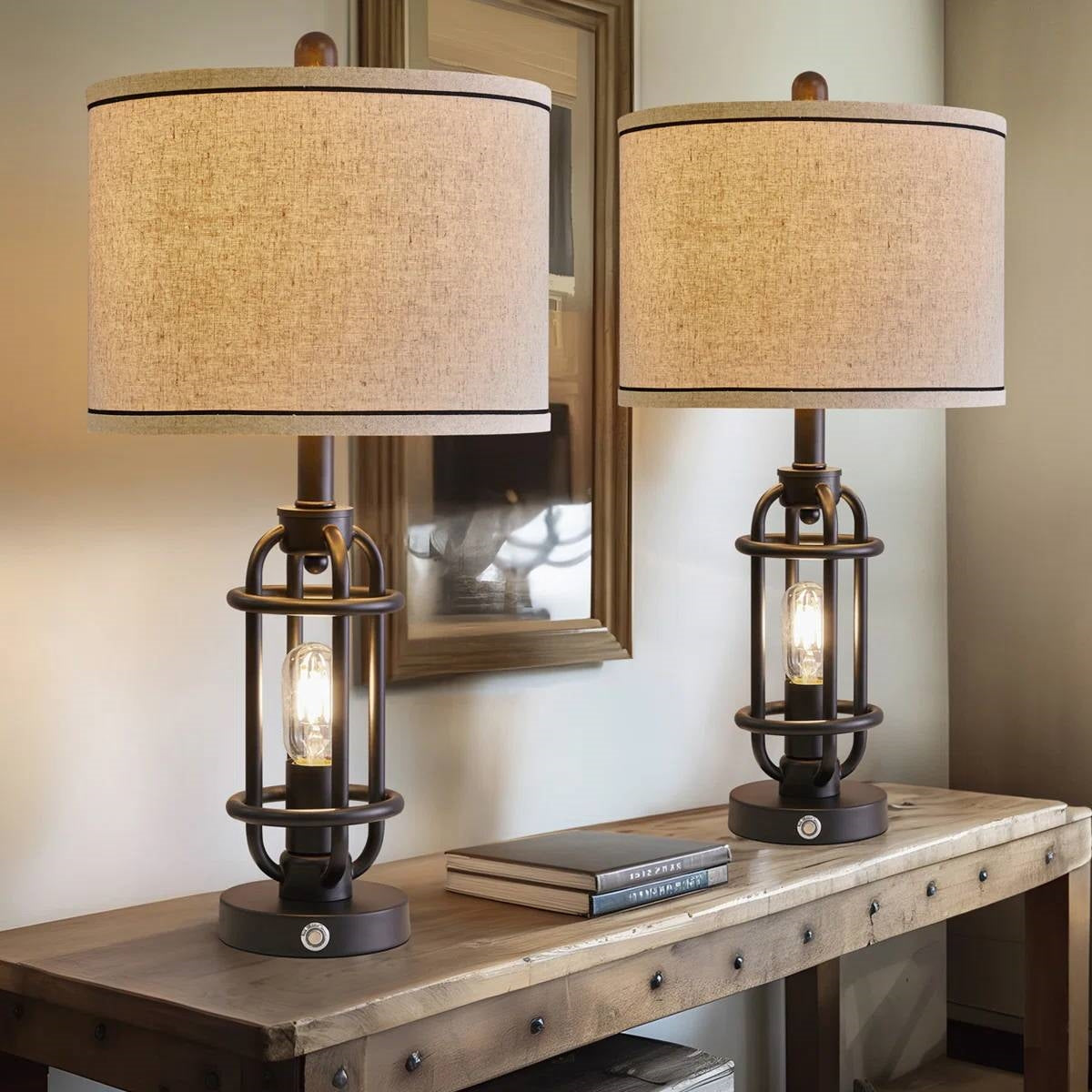Set of 2 - Farmhouse Dimmable Touch USB Table Lamp with Beige Linen Drum Shade LuxuryLifeWay Online Store