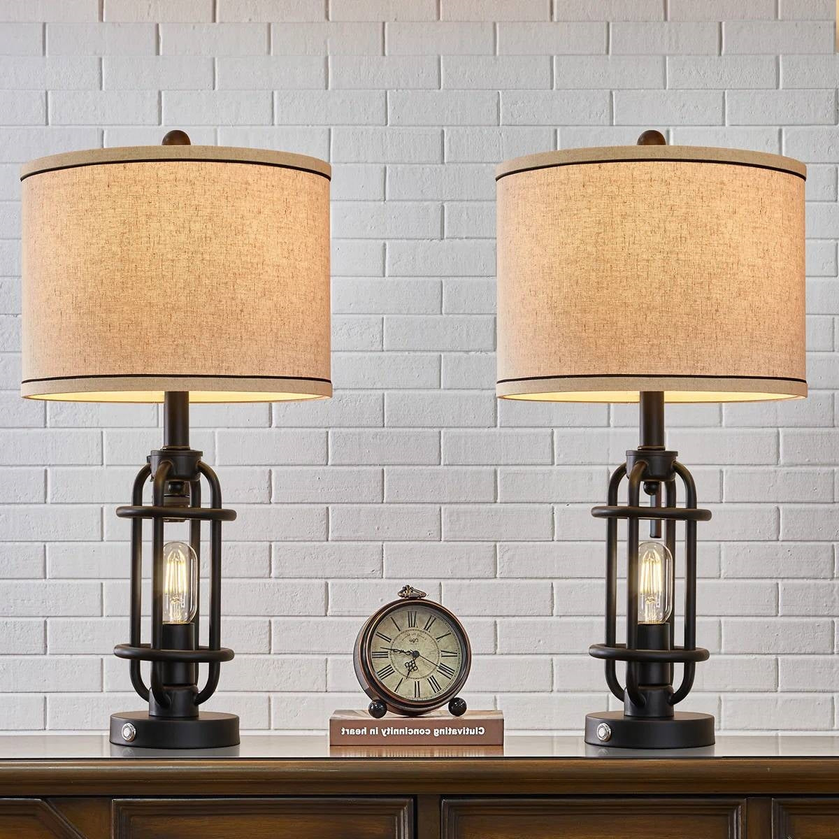 Set of 2 - Farmhouse Dimmable Touch USB Table Lamp with Beige Linen Drum Shade LuxuryLifeWay Online Store