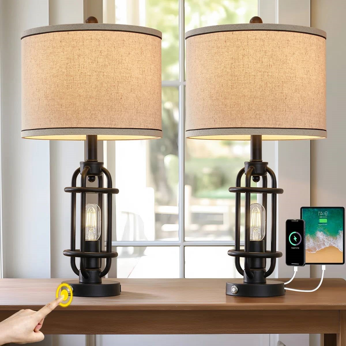 Set of 2 - Farmhouse Dimmable Touch USB Table Lamp with Beige Linen Drum Shade LuxuryLifeWay Online Store