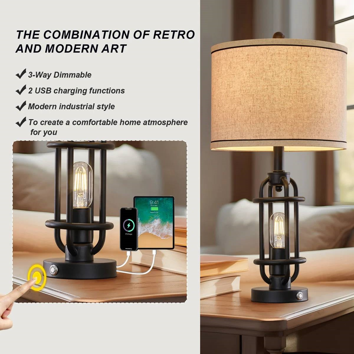 Set of 2 - Farmhouse Dimmable Touch USB Table Lamp with Beige Linen Drum Shade LuxuryLifeWay Online Store
