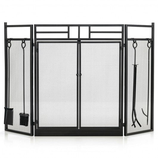 3-Panel Folding Wrought Iron Fireplace Screen with Doors and 4 Pieces Tools Set-Black LuxuryLifeWay Online Store
