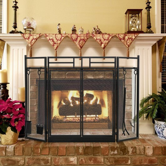 3-Panel Folding Wrought Iron Fireplace Screen with Doors and 4 Pieces Tools Set-Black LuxuryLifeWay Online Store