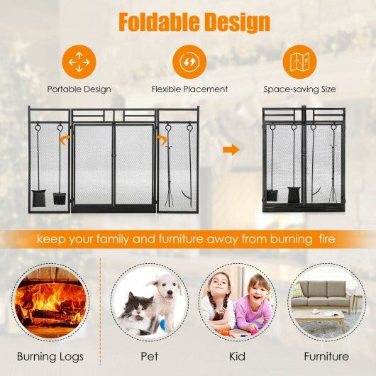 3-Panel Folding Wrought Iron Fireplace Screen with Doors and 4 Pieces Tools Set-Black LuxuryLifeWay Online Store