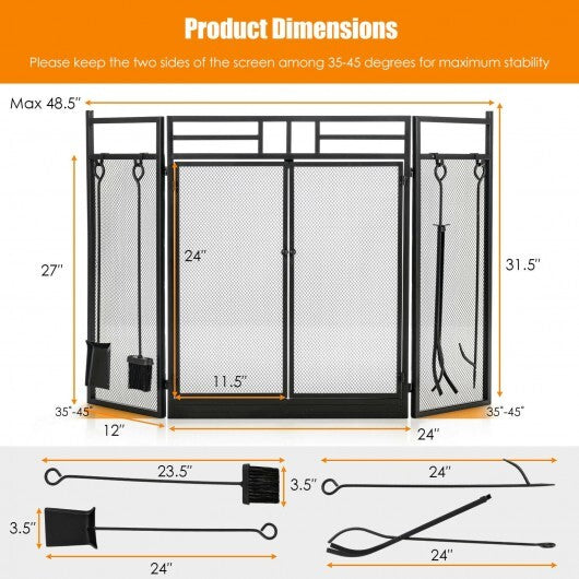 3-Panel Folding Wrought Iron Fireplace Screen with Doors and 4 Pieces Tools Set-Black LuxuryLifeWay Online Store
