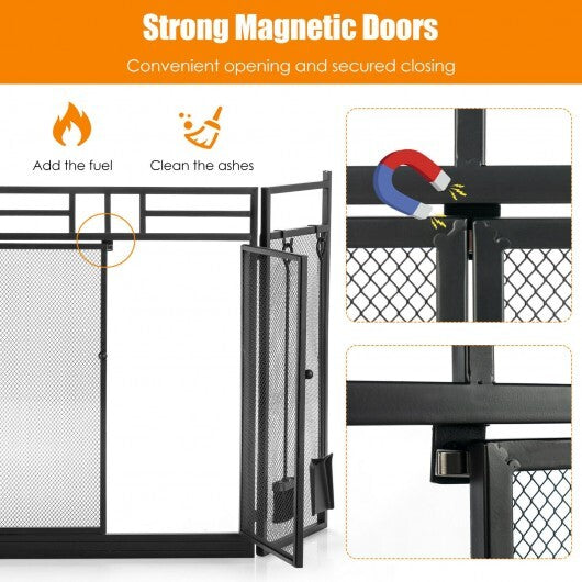 3-Panel Folding Wrought Iron Fireplace Screen with Doors and 4 Pieces Tools Set-Black LuxuryLifeWay Online Store