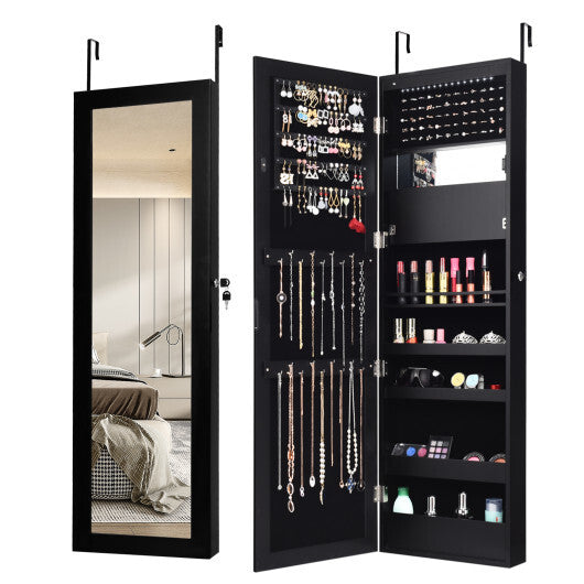 Lockable Wall Door Mounted Mirror Jewelry Cabinet w/LED Lights-Brown LuxuryLifeWay Online Store
