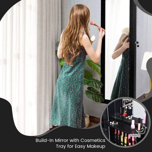 Lockable Wall Door Mounted Mirror Jewelry Cabinet w/LED Lights-Brown LuxuryLifeWay Online Store