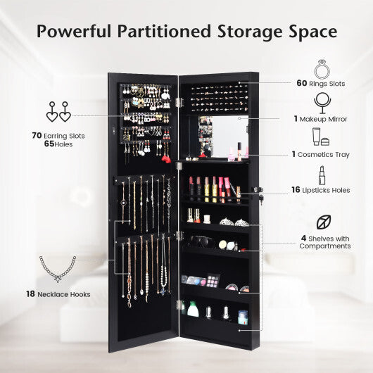 Lockable Wall Door Mounted Mirror Jewelry Cabinet w/LED Lights-Brown LuxuryLifeWay Online Store